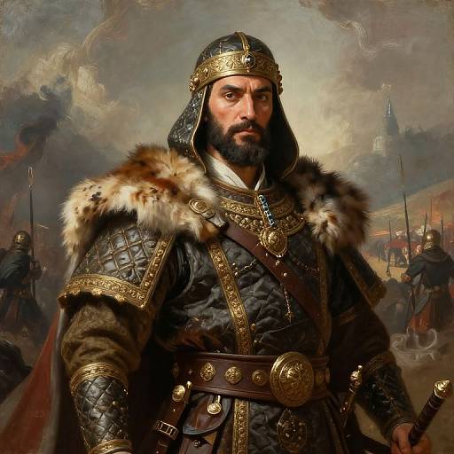 Digital painting of a muscular, bearded, Middle Eastern warrior in ornate, fur-trimmed armor, helmet, and dark quilted tunic