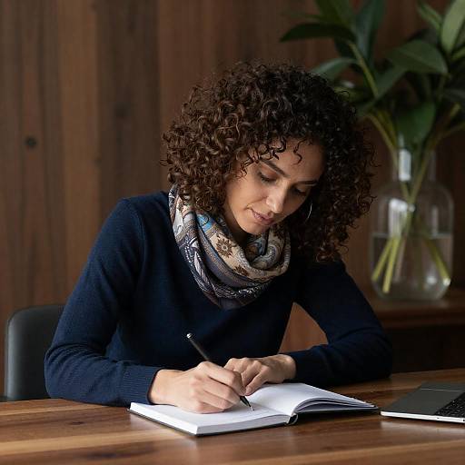Focused Woman Writing at a Wooden Desk