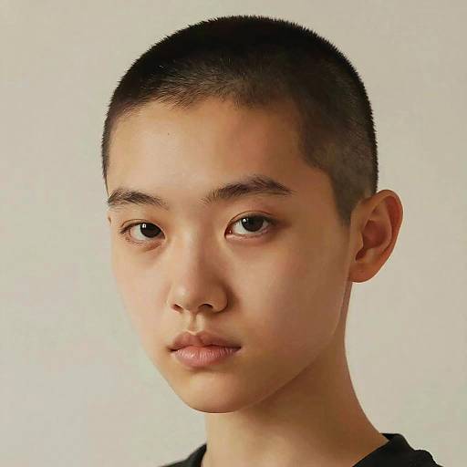 Photograph of a young Asian boy with short black hair, light brown skin, and small nose, looking slightly to the right, against a plain white