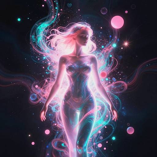 Digital art of a glowing, ethereal woman with neon pink, blue, and purple lights, floating in a dark, starry space.