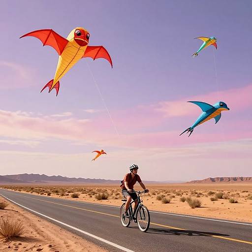 Photograph of cyclist in desert flying colorful kites (red, yellow, blue) along a road under a clear, purple-pink sky.