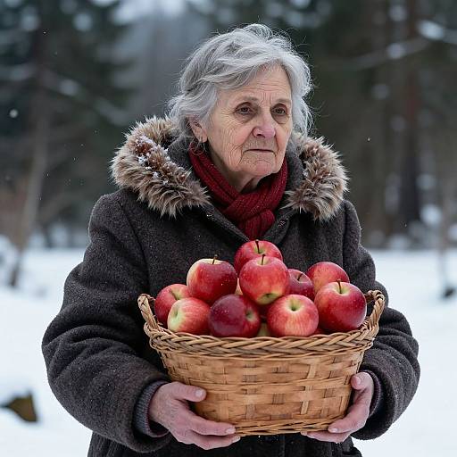 Photograph of an elderly woman with white hair, wearing a brown coat with fur hood, holding a wicker basket of red apples, standing in a