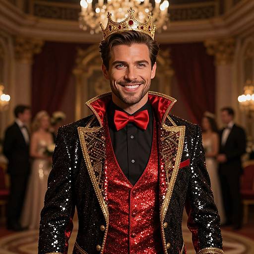 Photograph of a smiling man in a sequined black and red royal tuxedo with gold trim, gold crown, and red bow tie, standing