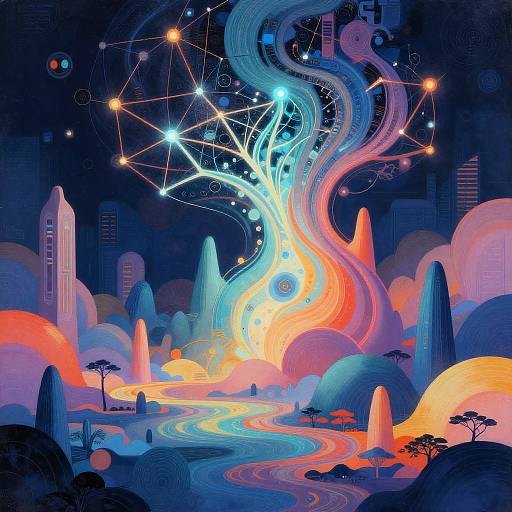 Digital art depicting a vibrant, futuristic landscape with neon-colored hills, winding rivers, towering spires, and a glowing, star-connected central structure.