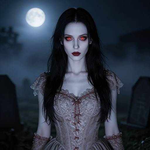 Digital painting of a pale, red-eyed ghost woman with long black hair, wearing a bloodstained, lace Victorian dress, under a full moon in