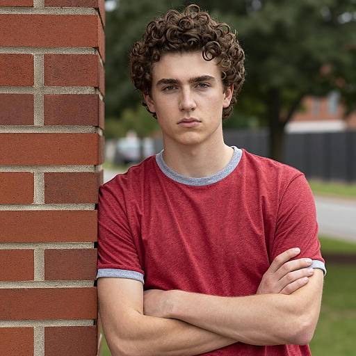 Serious young man leaning on brick wall