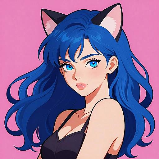 Digital anime-style portrait of a blue-haired woman with cat ears, bright blue eyes, wearing a black tank top against a pink background.