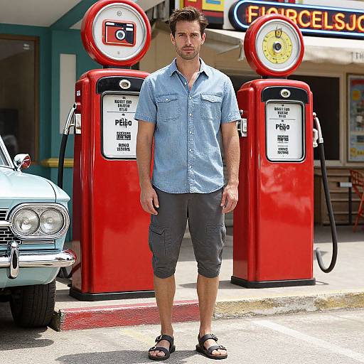 Photograph of a handsome, bearded man in a light blue shirt, dark shorts, and sandals, standing in front of two red vintage gas pumps