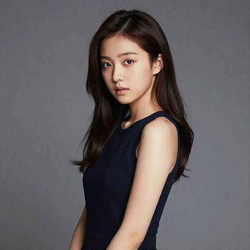 Photograph of a young Asian woman with long black hair, wearing a sleeveless black top, looking slightly to the side against a gray background.