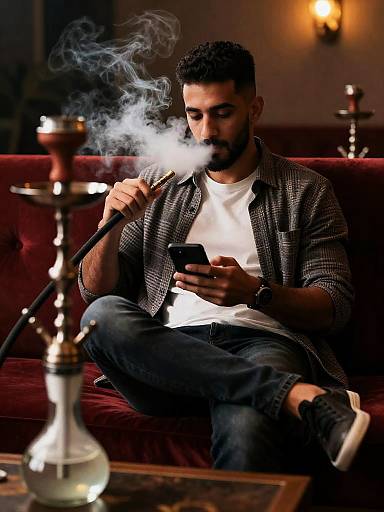 Relaxed Man Smoking Shisha in Lounge