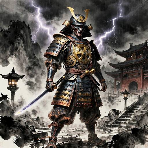 Clockwork Samurai Amid Ruined Temple Storm