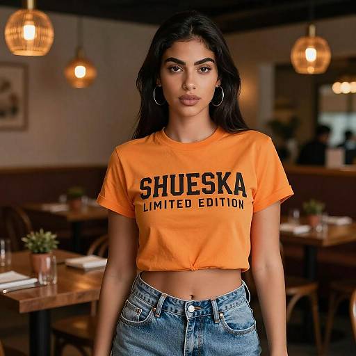 Photograph of a young woman with long black hair, wearing an orange 