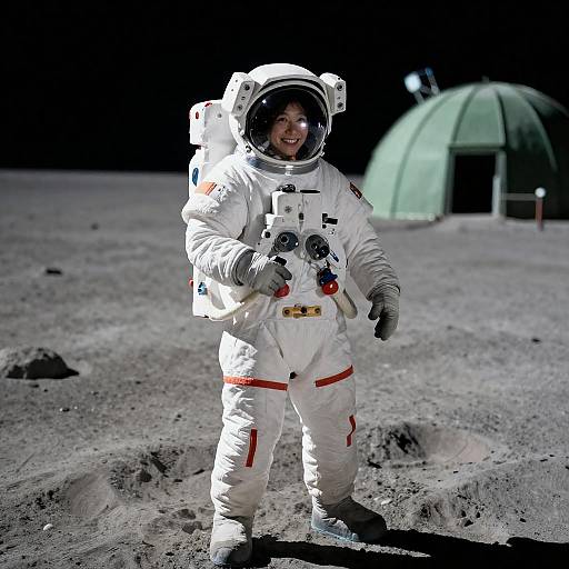 Smiling Astronaut Holding Tethers on Moon