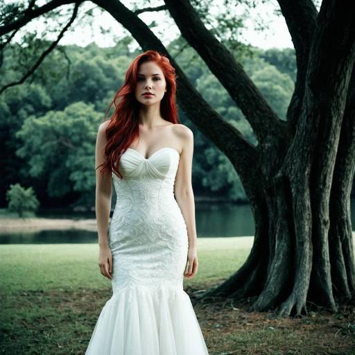 Woman in Strapless White Wedding Dress by Trees