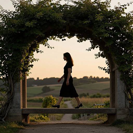 Silhouetted woman in black dress and boots walks under a leafy archway at sunset, with rolling hills in the background. Photograph.