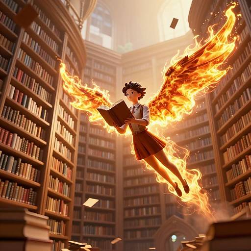 Fiery Librarian Soaring Through Library