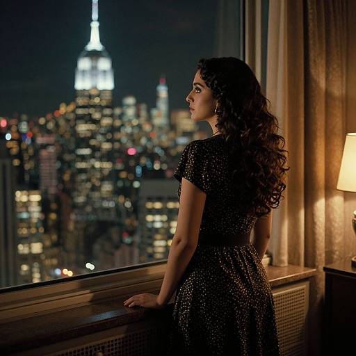 Photograph of a woman with curly dark hair in a black sparkly dress, gazing at a nighttime cityscape with the Empire State Building lit up