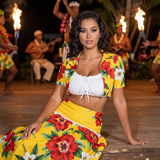 Photograph of a dark-haired woman with medium brown skin in a white crop top and yellow floral skirt, sitting on a wooden platform in a nighttime,