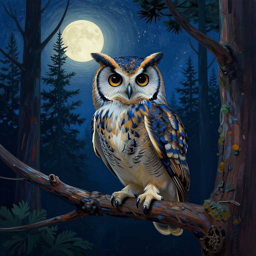 Digital painting of a vividly colored owl with blue and brown feathers, perched on a branch under a glowing full moon in a dark, starry