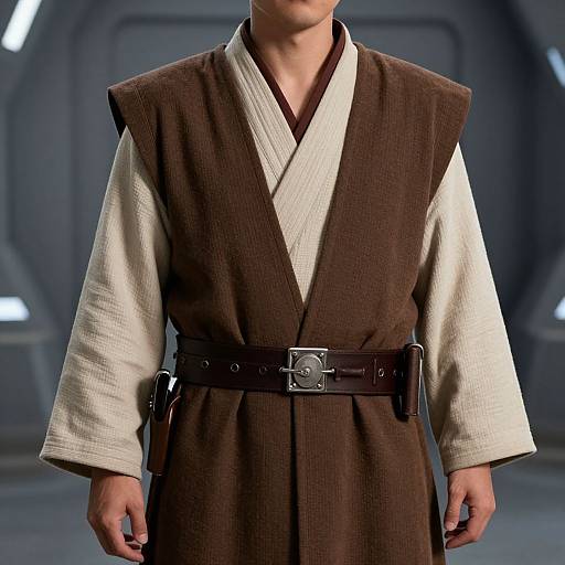 Photograph of a male character wearing a brown and beige Jedi robe with a black belt, standing in a futuristic, dark blue background.