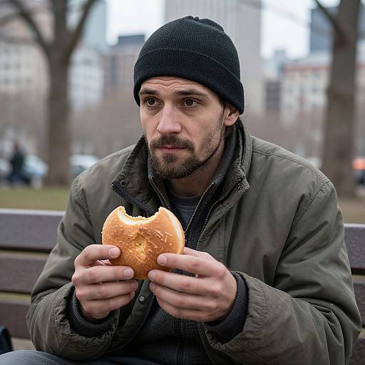 Photograph of a bearded man in a black beanie and green jacket, sitting on a park bench, biting into a sandwich with a serious expression