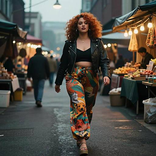 Photograph of a confident woman with curly red hair, black crop top, colorful floral pants, and leather jacket, walking through a vibrant, bustling outdoor