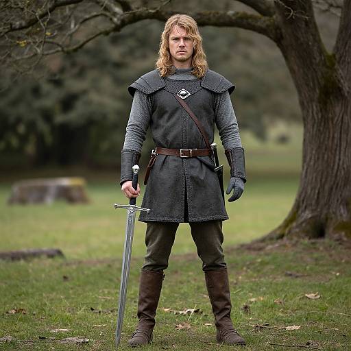 Photograph of a blonde, bearded man with long hair, wearing medieval armor, black tunic, and brown boots, standing with sword in forest
