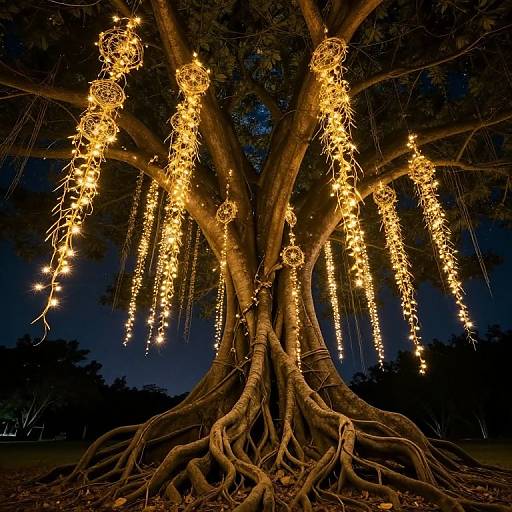 Photograph of a large tree at night adorned with glowing, yellow string lights hanging from its branches, highlighting its textured trunk against a dark, starless