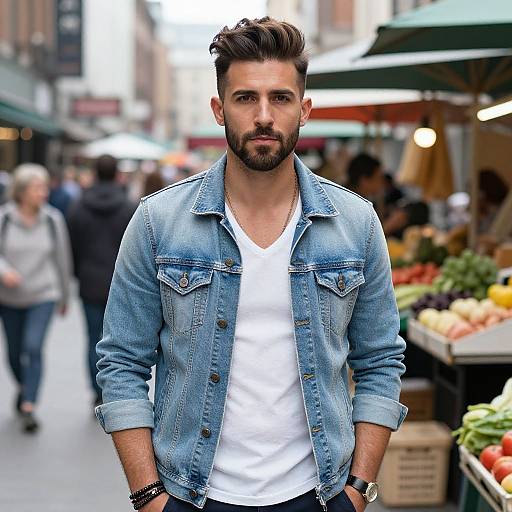 Photograph of a handsome bearded man with dark hair, wearing a blue denim jacket over a white t-shirt, standing in a busy outdoor market with