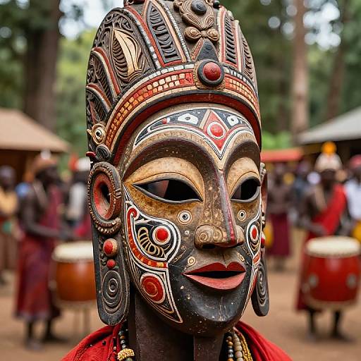 Close-up photograph of a vibrant, intricately patterned African mask with red, black, white, and gold designs, worn by a person in a