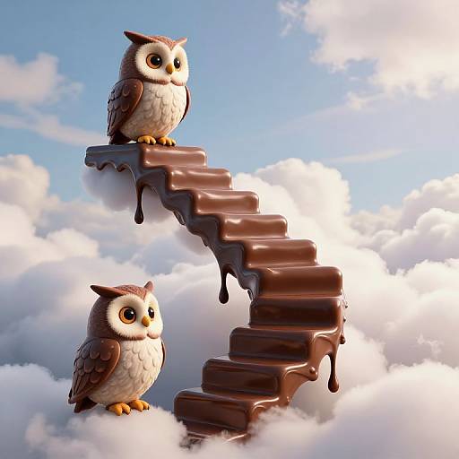 Digital illustration of two cute, cartoon-style owls perched on a melting chocolate staircase amidst fluffy clouds against a bright blue sky.