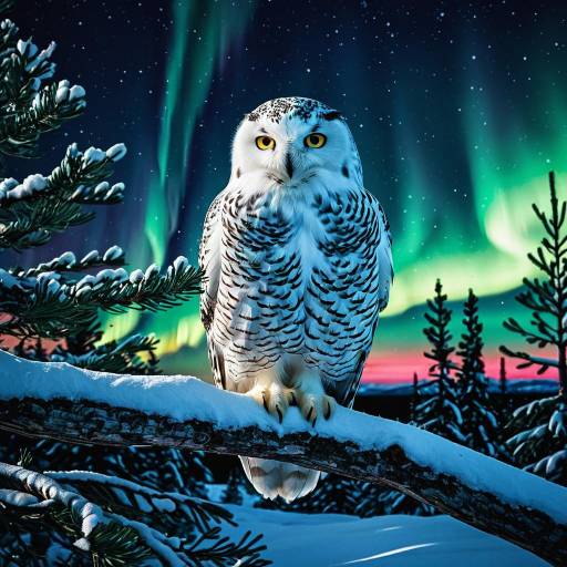 Snowy Owl Perched Under Northern Lights