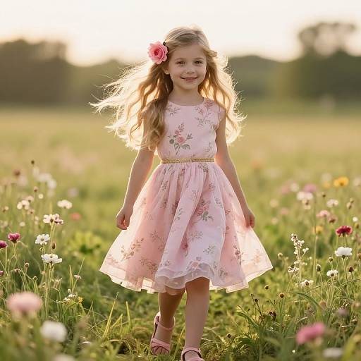 Photograph of a smiling young girl with long blonde hair, wearing a pink floral dress and pink flower hairpiece, walking in a sunlit meadow
