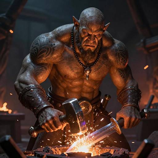 Muscular, bald orc with tattoos, necklace, and arm bracers, wielding hammer, sparks flying from anvil in fiery, dark forge. Digital