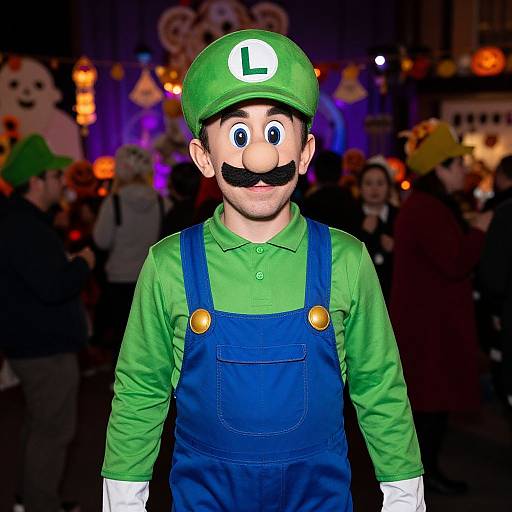 Photograph of a person in a Mario costume with green hat, blue overalls, green shirt, and mustache, in a colorful, crowded Halloween