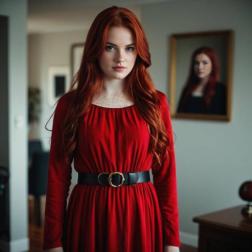 Red-haired Woman in Red Dress Indoors