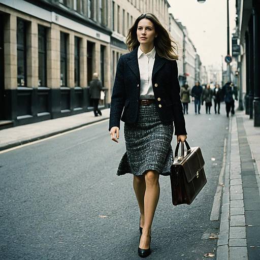Photograph of a confident, brunette woman in a black blazer, white shirt, and gray houndstooth skirt, carrying a leather briefcase