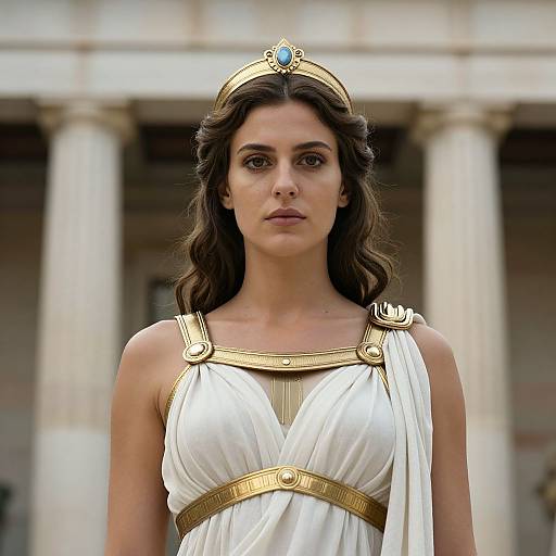 Photograph of a serious, brown-eyed woman with wavy dark hair, wearing a white Greek-style dress with gold accents and headpiece, standing in