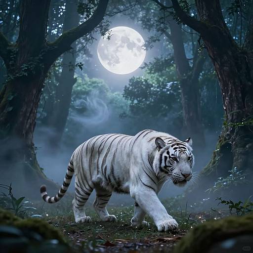 Digital artwork of a white tiger walking in a dark, misty forest under a glowing full moon, with dense trees and foliage.