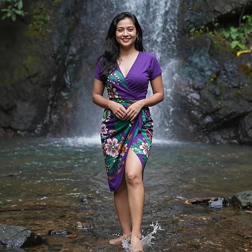 Asian Woman in Floral Dress by Stream
