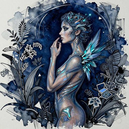 Digital art: ethereal, blue-haired fairy with glowing wings, intricate floral background, side profile, delicate hand near lips, luminous tattoo on hip