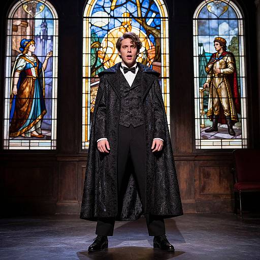 Photograph of a man in a black, textured, long coat and formal suit standing before three colorful stained glass windows in a dimly lit room.