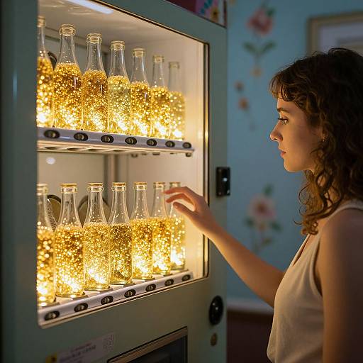 Photograph of a curly-haired woman in a white tank top, lighting up a glass bottle display case filled with glowing golden liquid inside a softly lit,