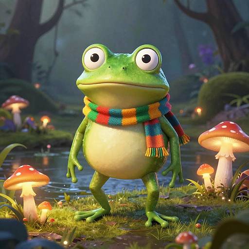 CGI image of a cartoon green frog with large eyes, wearing a colorful scarf, standing in a glowing, enchanted forest with glowing mushrooms and a small