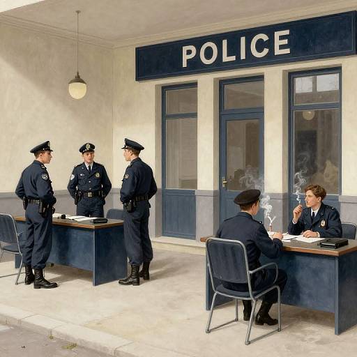 Photograph of four male police officers in dark uniforms, standing and sitting at desks outside a police station with 