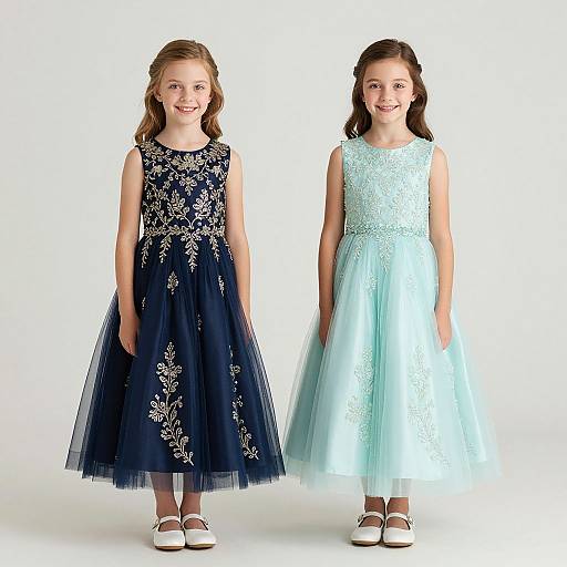 Photograph of two young girls standing side by side, wearing sleeveless floral dresses; left in navy with white flowers, right in light blue with lace