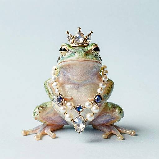 Glass Frog with Crown and Jewel Necklace