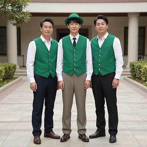 Photograph of three Asian men in matching green vests, white shirts, and black pants, standing in front of a building. One wears a green hat