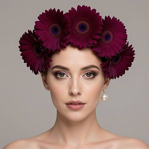 Photograph of a fair-skinned woman with dark eyes, wearing a crown of deep purple daisy-like flowers, and pearl earrings, against a gray
