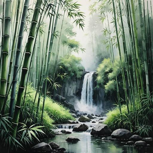 Watercolor Bamboo Forest with Misty Waterfall Watercolor Bamboo Forest with Misty Waterfall